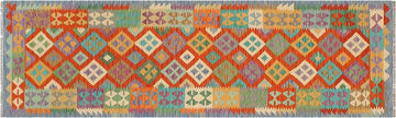 Flat Weave Kilim, Antique, Navaho, Vintage, Handmade, Geometric Kilim Rust Blue Hand-Woven Runner 100% Wool Area Rug 3 x 10